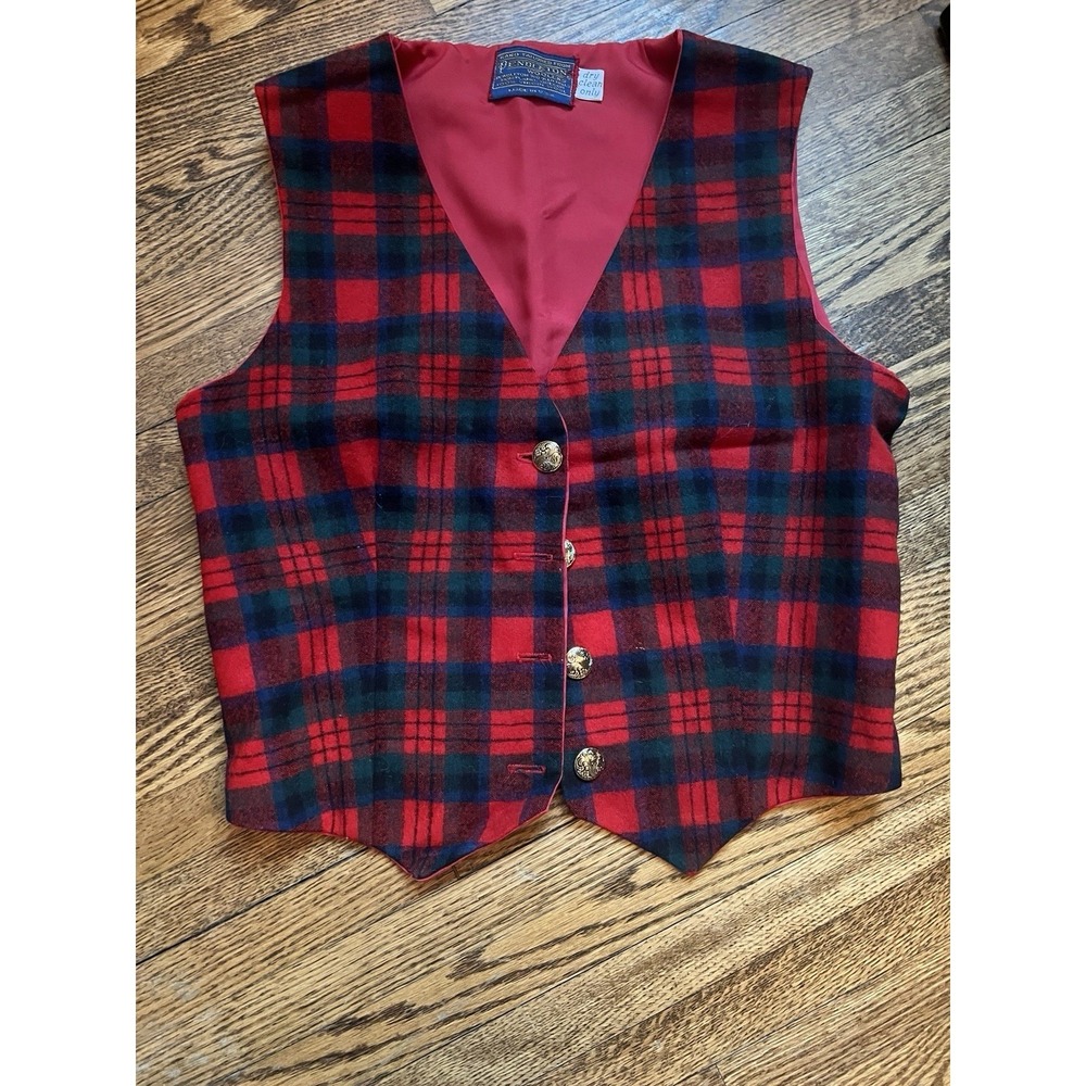 Vintage Pendleton Wool Vest Red Green Plaid Gold Buttons Hand Tailored USA Made